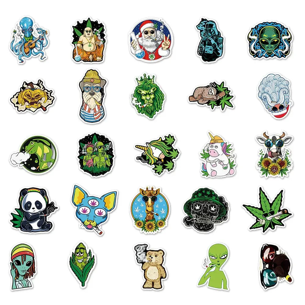 Funny Smoking Weed Hemp Leaves Stickers Set for Laptops and Bikes, Waterproof and Reusable.
