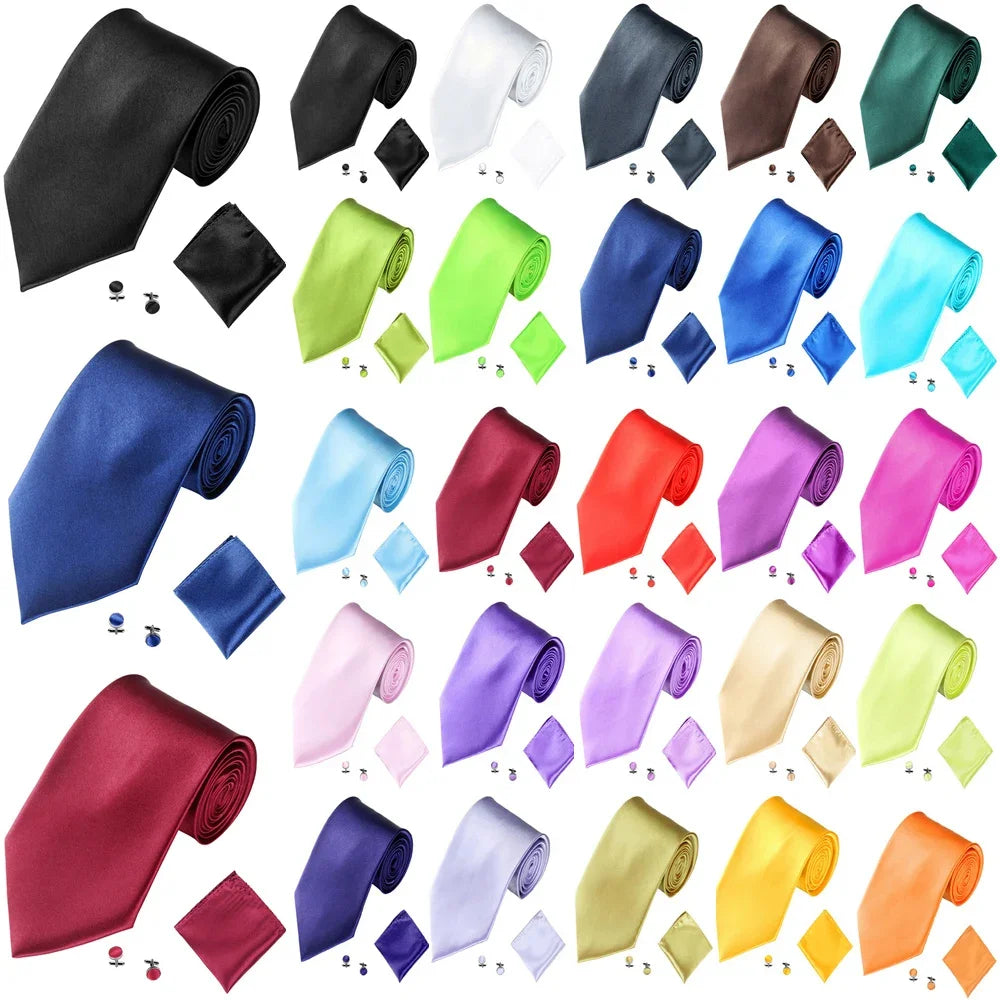 Fashion Men Women Tie Set 10CM 4'' Wedding Accessories Black White Red Blue Gray Yellow Pink Purple Cufflinks Hanky Necktie Sets Good Vibrations