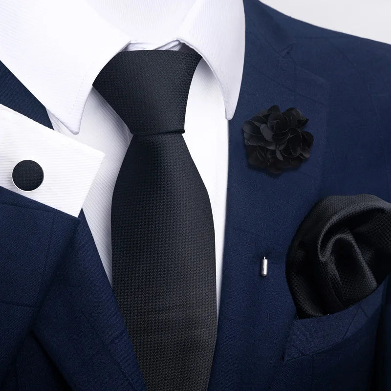 Luxury Mens Ties Floral Black Gold Ties Paisley NeckTie Pocket Square Cufflinks Brooch Set Men's Wedding Party Tie Good Vibrations