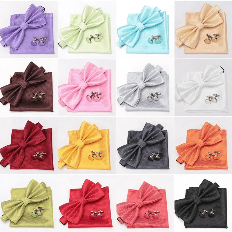Men Bowtie Set 3pcs Plaids Classic Fashion Wedding Party Formal Cufflinks Bow Tie Handkerchief Cuff Links Lots Three Piece Set Good Vibrations