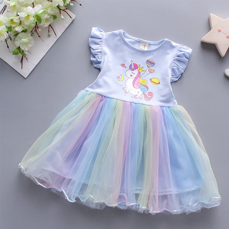 Girls Dress 2025 New Summer Princess Dresses Flying Sleeve Kids Clothes Unicorn Party Baby Dresses For Children Clothing 3-8Y Good Vibrations
