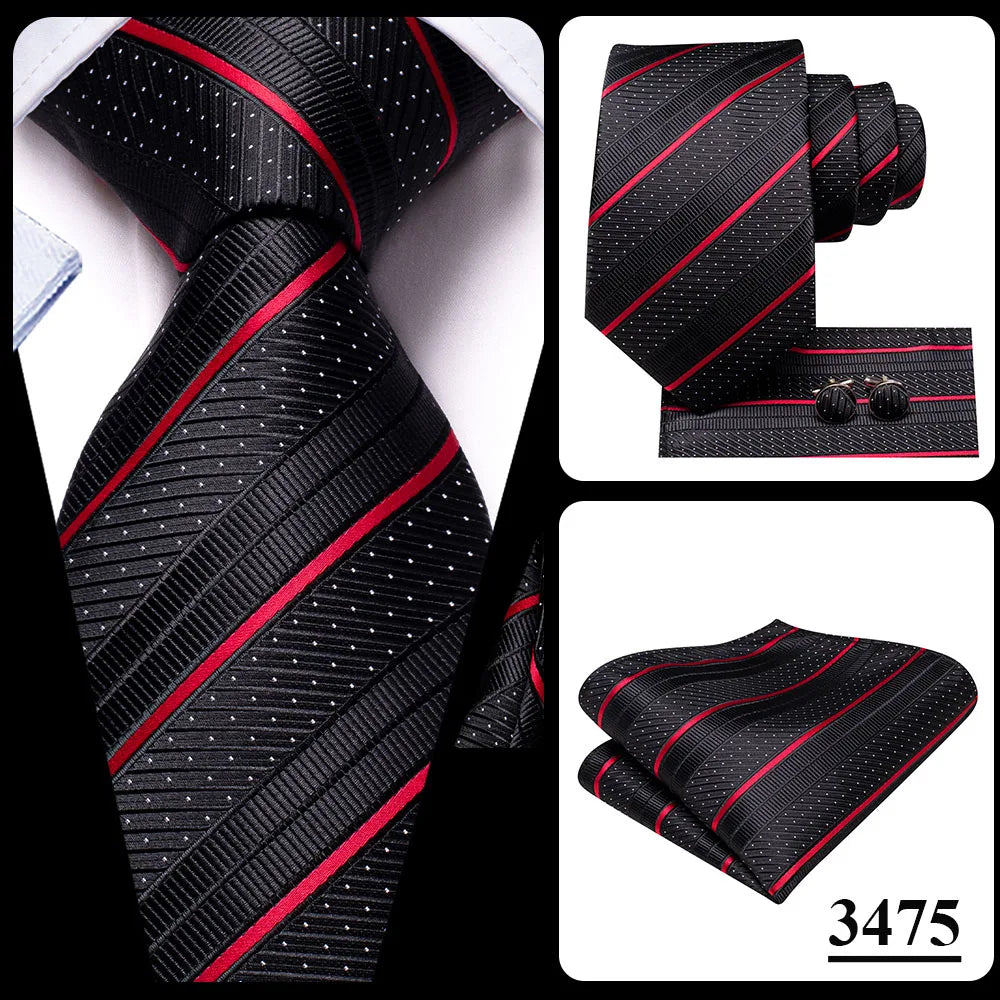 Black Red Striped Silk Wedding Tie For Men Handky Cufflink Gift Men Necktie Fashion Business Party Dropshiping Hi-Tie Designer Good Vibrations
