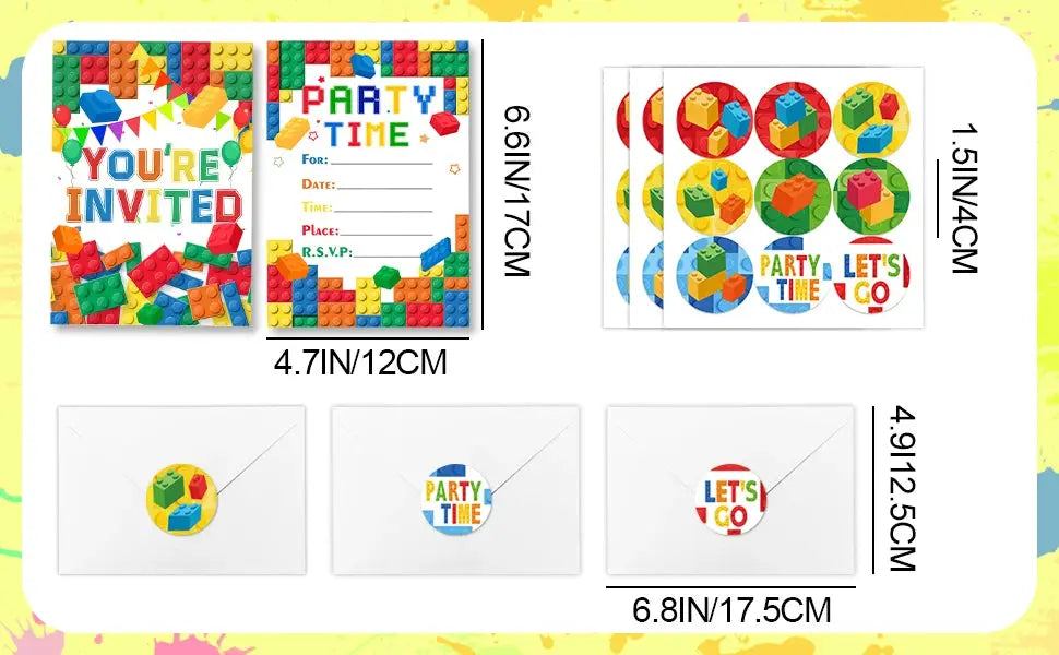 Building Blocks Birthday Invitations, Brick Party Invitation Card Building Birthday Invites with Stickers & Envelopes(24 Guests) Good Vibrations