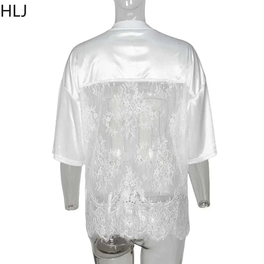 HLJ&GG Fashion Lace See Though Patchwork Two Piece Sets Women V Neck Short Sleeve Loose Top+Skinny Shorts Outfits Sexy Clubwear GOOD Vibrations