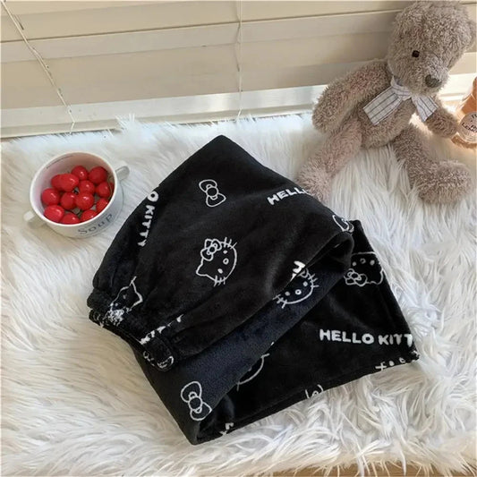 Sanrio Cartoon Hello Kitty Flannel Pajamas Black Women's Warm Woolen Cartoon Casual Home Pants In Autumn Winter Fashion Trousers Good Vibrations
