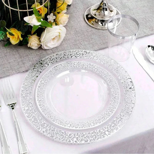 Reusable Silver Plastic Cutlery Set, Including Plates, Knives, Forks, and Spoons, Manually Washable Good Vibrations