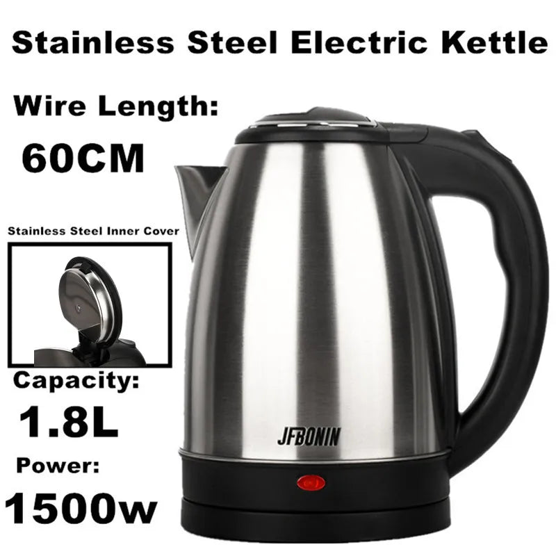 1.8L 220V Stainless Steel Electric Kettle Silver Black Base Separation Desion Rust-resistant Durable for Home During Travel Good Vibrations