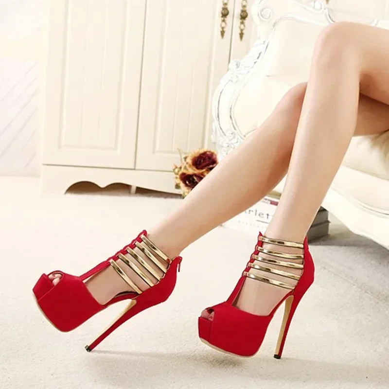 Sexy High Heels Women Stilettos Platform Elegant Metal Woman Wedding Pumps Black Red Medium Heel Shoes Summer Large Size 34 45 Good Vibrations