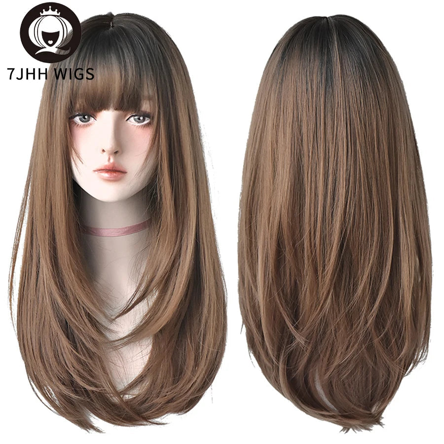 7JHHWIGS Long Wavy Synthetic Black Wigs For Women With Fringe Fashion Heat Resistant Mid-Length Daily Straight Light Brown Hair Good Vibrations