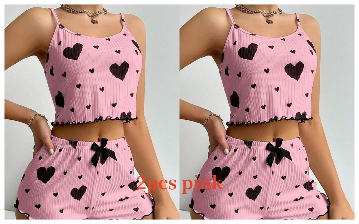 Women's Pajamas Set Sleepwear 2 PCS Short Tank Tops And Shorts S M L White Ventilate Soft Casual Love Printing Good Vibrations
