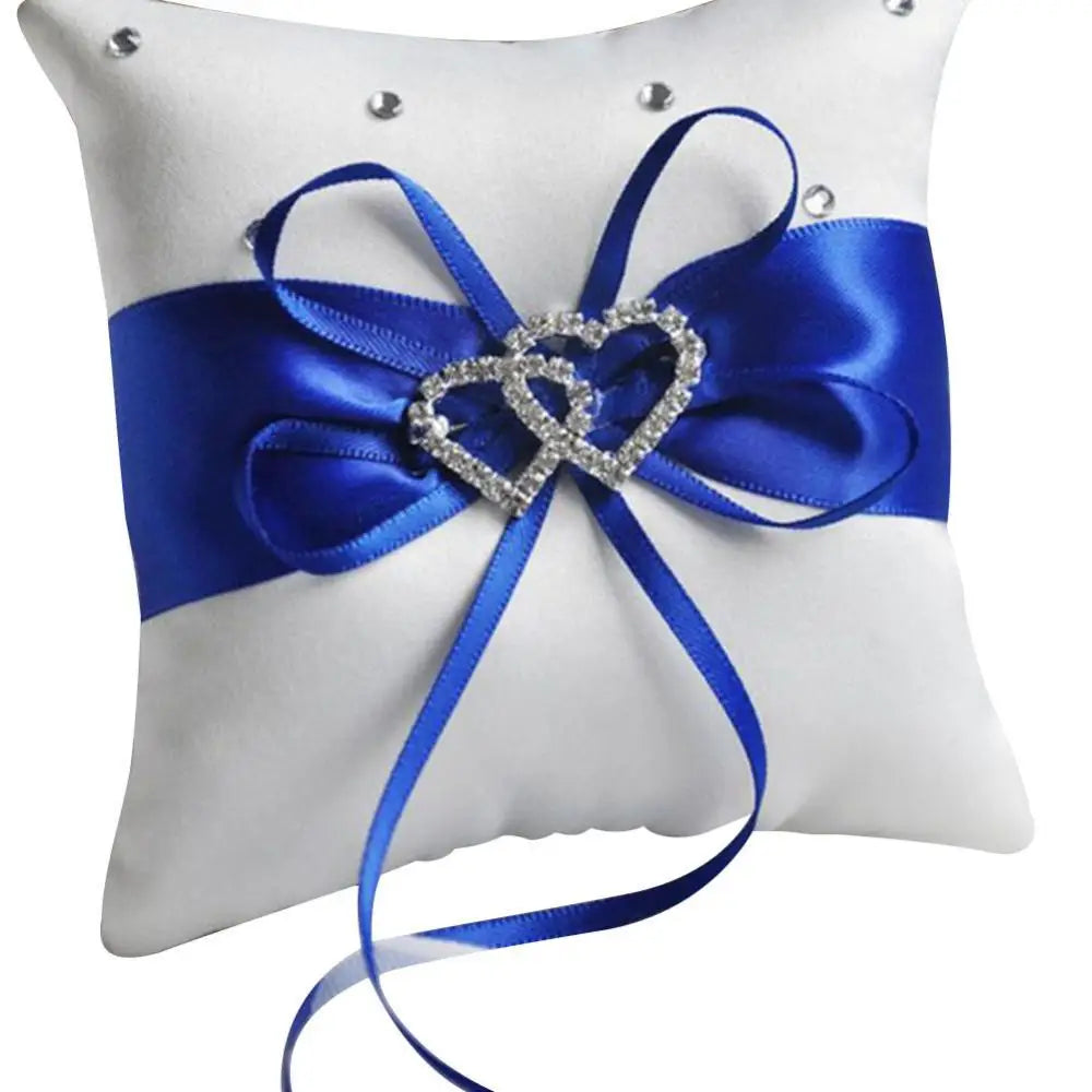 10x10 cm Romantic Bridal Wedding Ring Pillow Double Heart Ribbon Cushion Decor European Romantic Rhinestone Decor For Wedding Good Vibrations