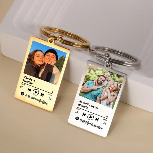 Jeshayuan Custom Picture Keychain Customized Music Song Key Ring Stainless Steel Personalized Photo Keychains Gifts for Lover Good Vibrations