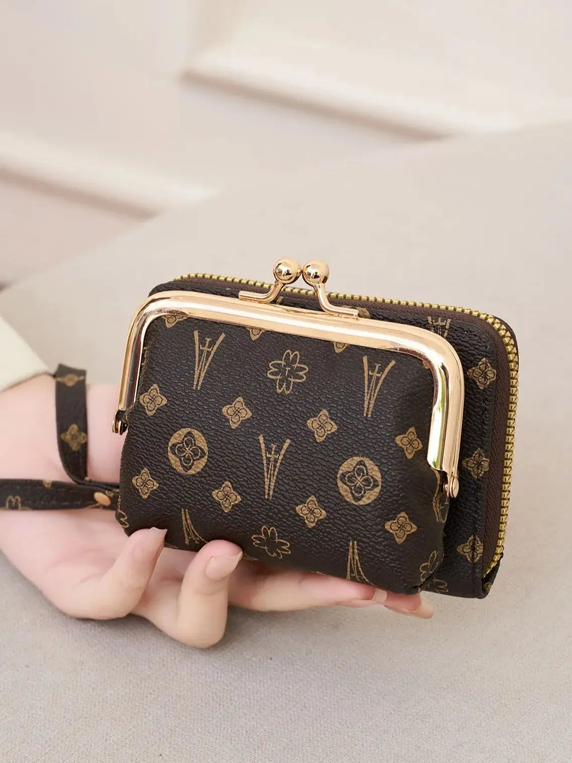 Women's Wallet Fashion Print Short Coin Purse Retro Multi-function Accordion Card Holder Money Clip with Wristband and Kiss Lock Good Vibrations