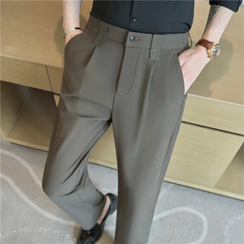 Men Straight Leg Suit Pants Summer Ice Silk Lightweight Elastic Waist Casual Loose Wide-leg Trousers Dress Pants Men Clothing