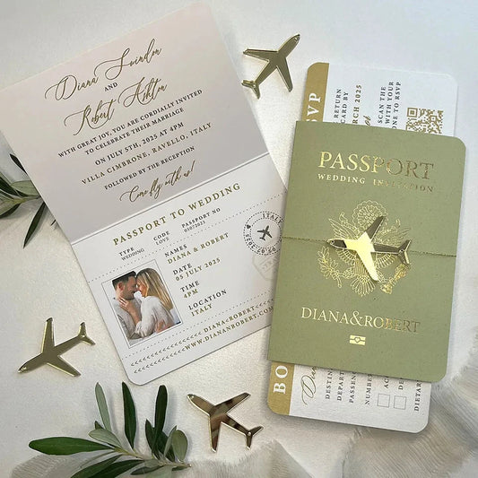 30/55pcs Sage Green Invitation, Custom Paper Passport Tickets Invite Cards With Acrylic Plane, Travel Wedding Theme Template Good Vibrations