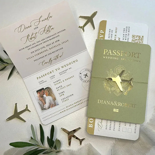 30/55pcs Sage Green Invitation, Custom Paper Passport Tickets Invite Cards With Acrylic Plane, Travel Wedding Theme Template Good Vibrations