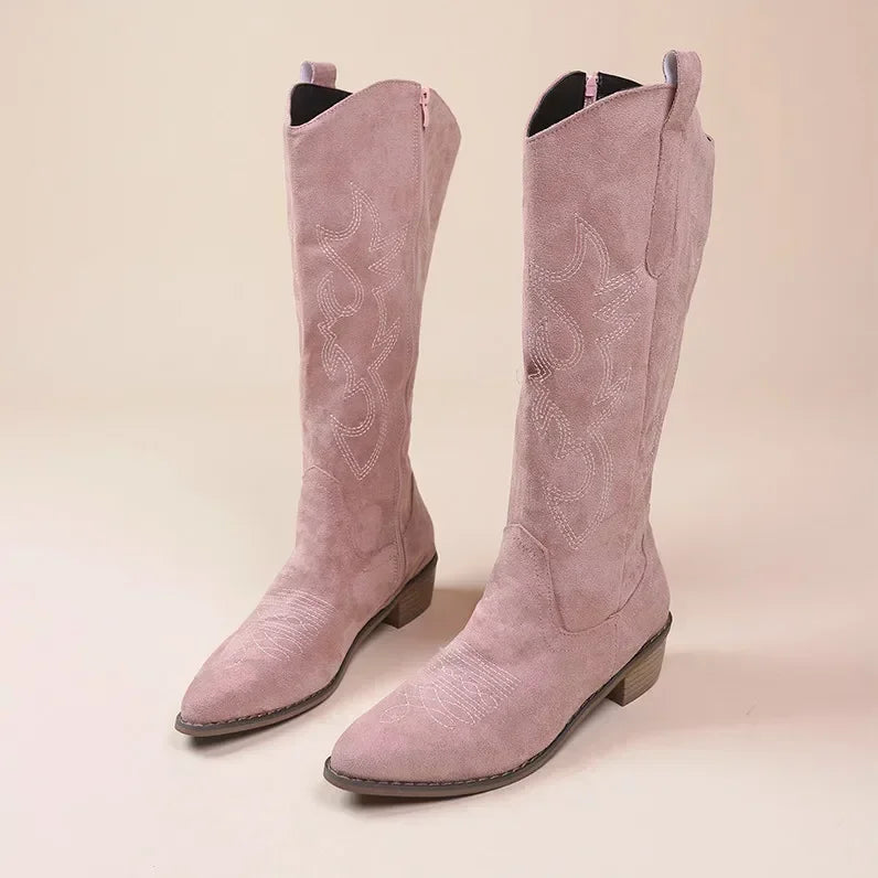 Embroidered Western Cowboy Boots for Women Autumn Pointed Toe Thick Heel High Knee Boots Woman Loose PU Leather Long Botas Mujer Good Vibrations