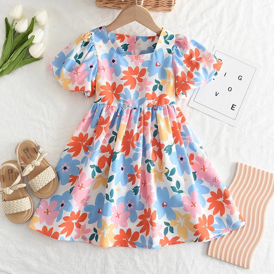 Girls Dresses 2023 Summer New Baby Girls Colourful Floral Short-sleeved Dresses 3-7 Years Old Girls Clothing Good Vibrations