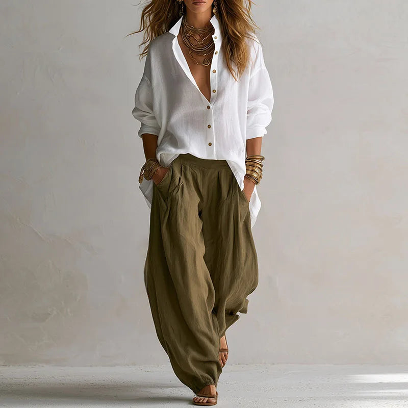Vintage Two Piece Sets Women Loose Turn Down Collar Blouse High Waist Pocket Wide Leg Trousers Outfits Casual Travel Beach Suits Good Vibrations