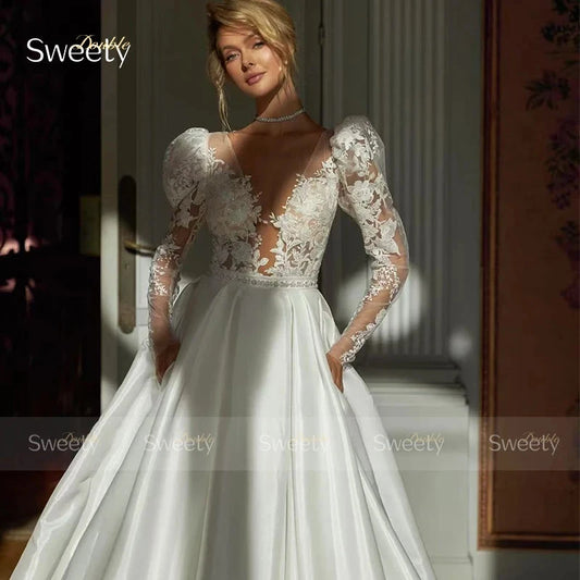 Classic Wedding Dress Satin Surah With Embroidered Lace A-Line Ball Gown O-Neck Puff Sleeves Customized Bride Vestido De Novia Good Vibrations