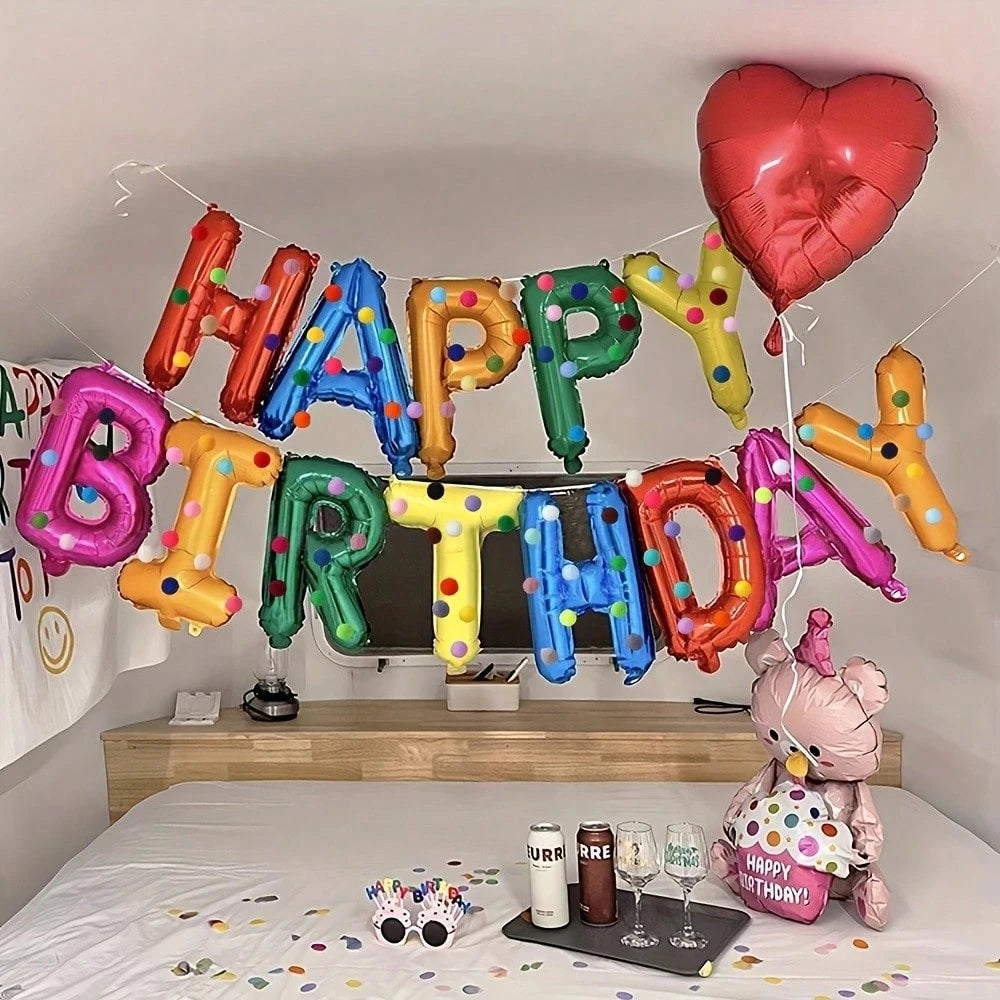 Birthday Party Decoration Set, Rainbow Balloons, Felt Ball Mix, Premium Foil Pull-Up Banner, Happy Birthday Wall Decoration Good Vibrations