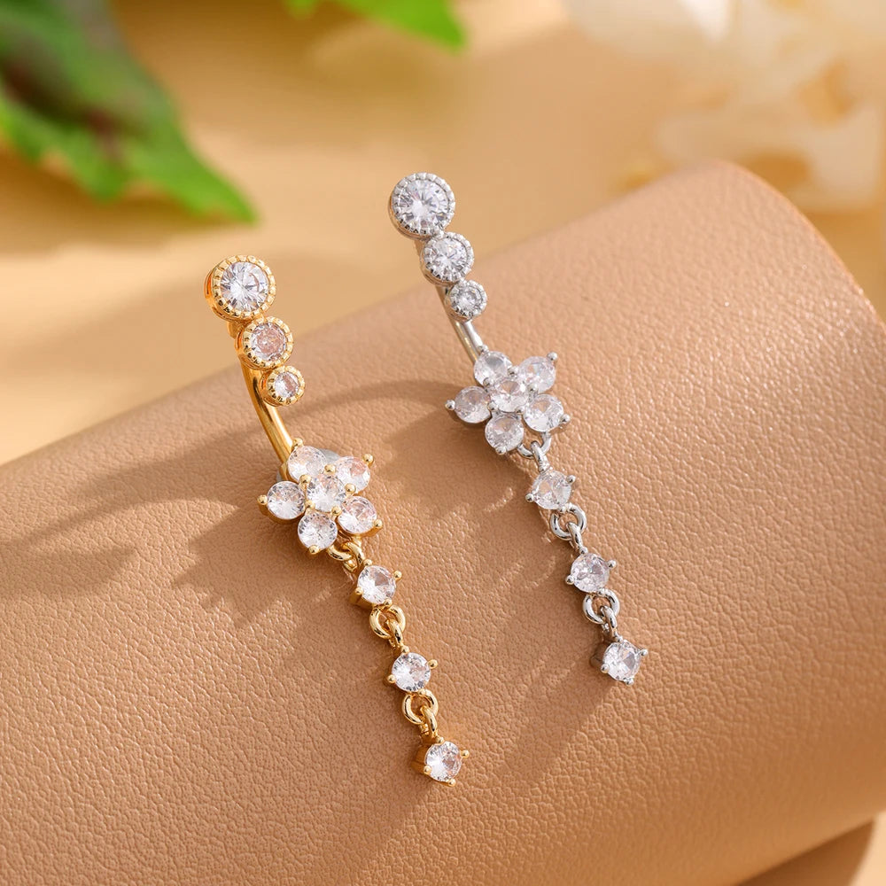 Gold Color Stainless Steel Belly Button Ring Long Dangled Flower CZ Crystal Navel Belly Piercing Rings for Women Sexy Jewelry Good Vibrations Adult Super Store