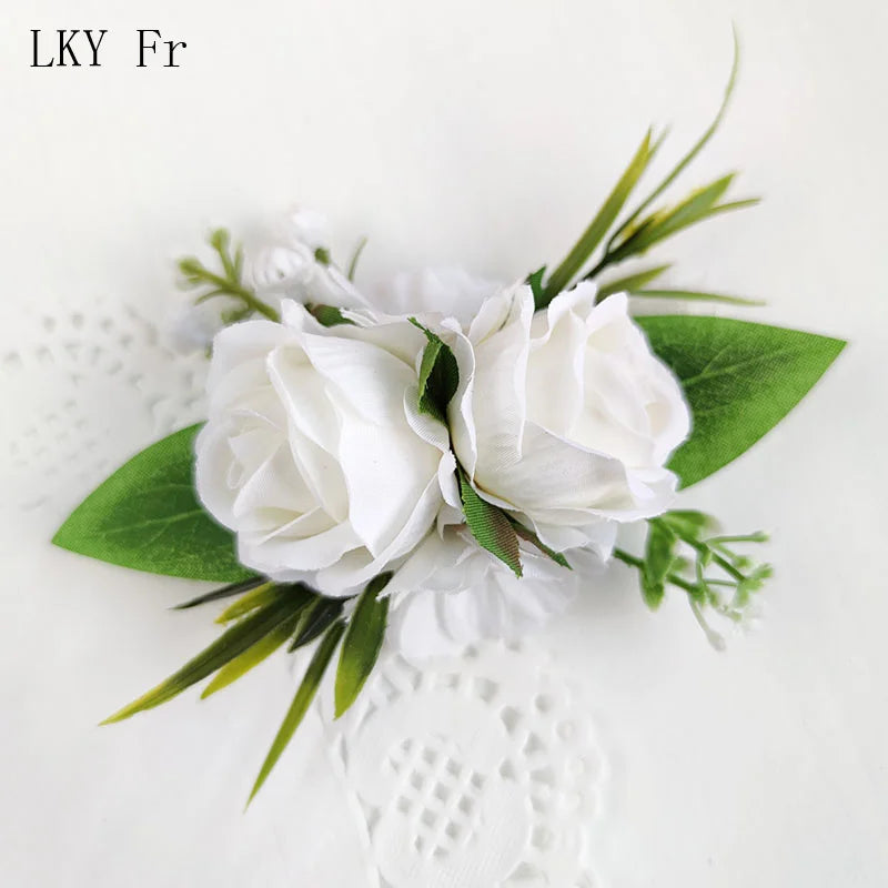 White Boutonniere Wedding Accessories Groom Buttonhole Wrist Corsage Brooch Flowers Artificial Silk Roses Bridesmaids Bracelets Good Vibrations