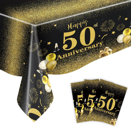 Happy 50th birthday party table supplies, black and gold theme, napkins, 7inch paper cups, tablecloth, plates, party decoration Good Vibrations
