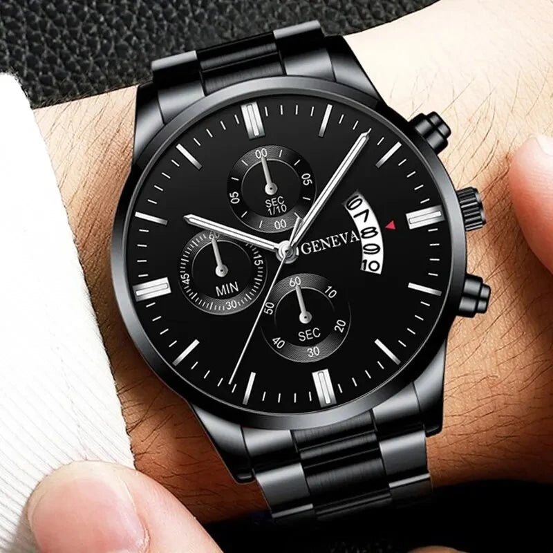 Fashion Mens Watches Luxury Black Stainless Steel Quartz Wrist Watch Man Business Watch for Men Calendar Clock Reloj Hombre Good Vibrations