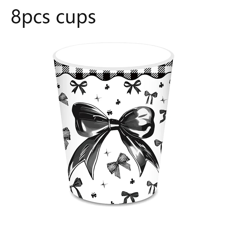 Black Bow Tie Party Disposable Tableware Sets Plates Cups Napkins Tablecloth For Wedding Birthday Party Dinnerware Decoration Good Vibrations