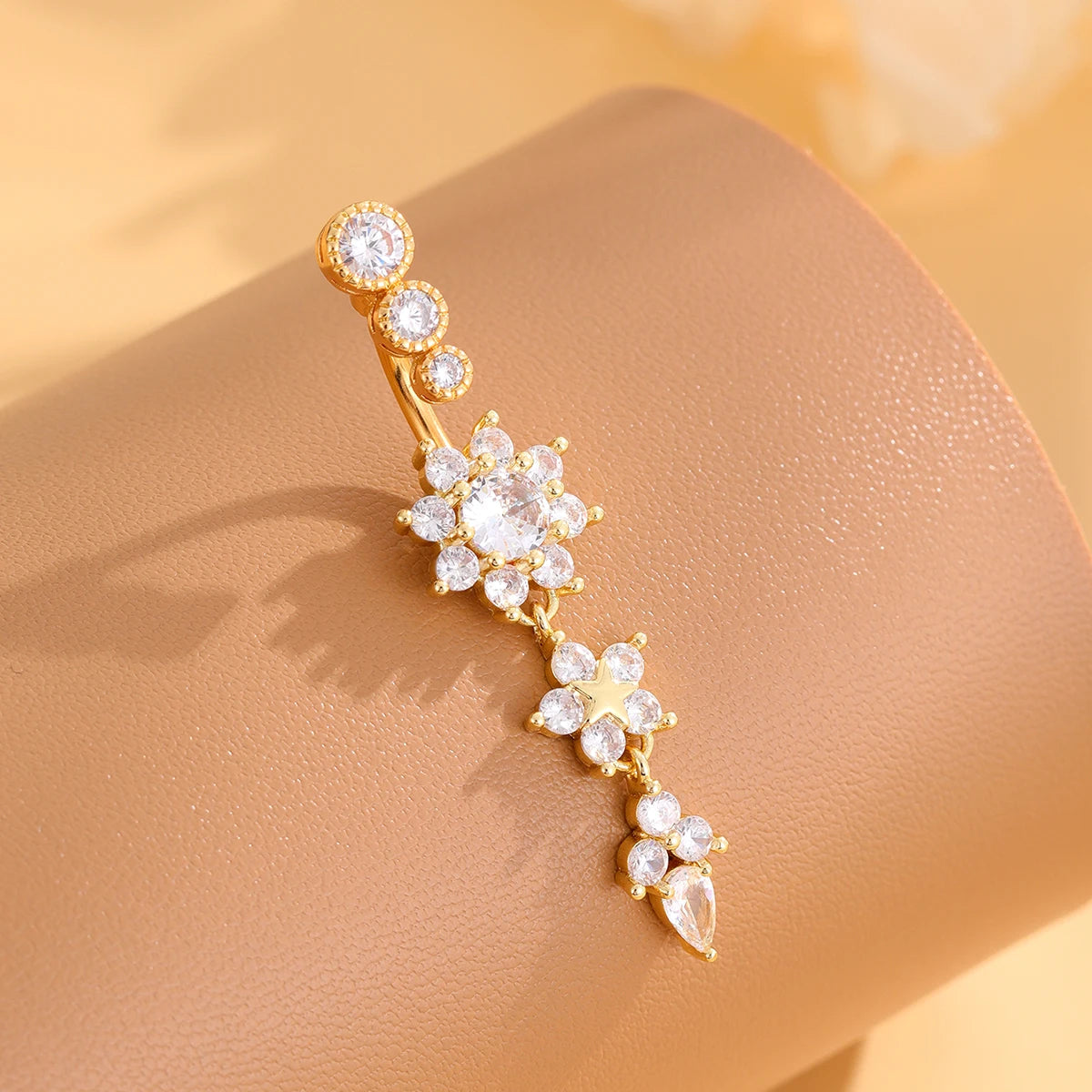 Gold Color Stainless Steel Belly Button Ring Long Dangled Flower CZ Crystal Navel Belly Piercing Rings for Women Sexy Jewelry Good Vibrations Adult Super Store