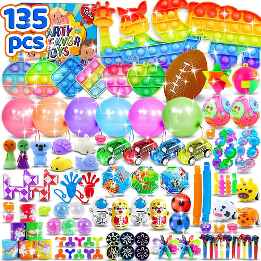 117/124/135pc Kids Birthday Pinata Toys Snap Bracelets Push Bubble Fidget Toys Carnival Prize Pinata Filler Bulk Toys Kids Gifts Good Vibrations