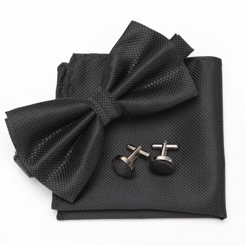 Men Bowtie Set 3pcs Plaids Classic Fashion Wedding Party Formal Cufflinks Bow Tie Handkerchief Cuff Links Lots Three Piece Set Good Vibrations