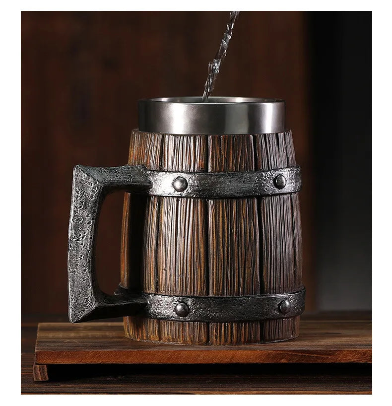 Hot-selling Wooden Barrel Beer mug , Large-capacity Coffee mug Water bottle ,Tazas de café with stainless steel Good Vibrations
