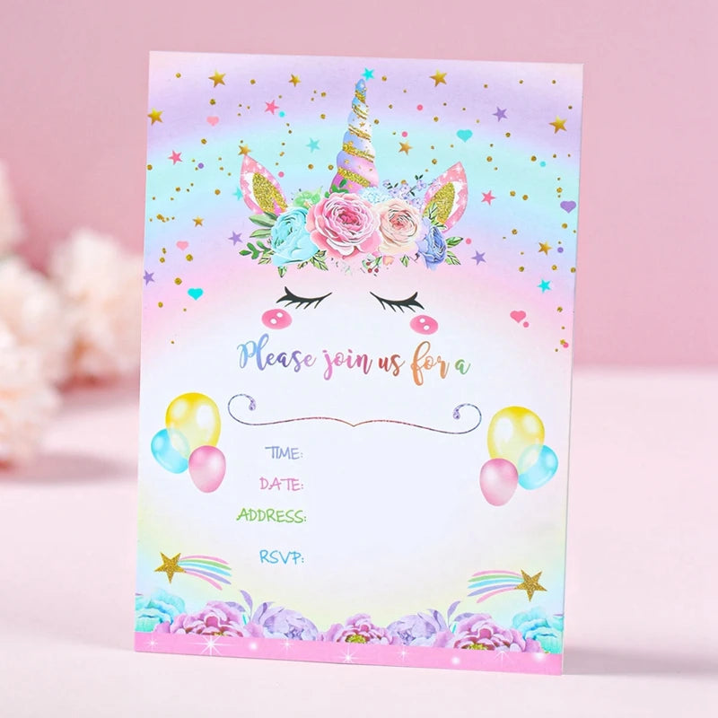12pcs Invitation Card Unicorn Rainbow Balloon Envelope Card Girl Unicorn Theme Party Invitation Happy Birthday Party Decoration Good Vibrations