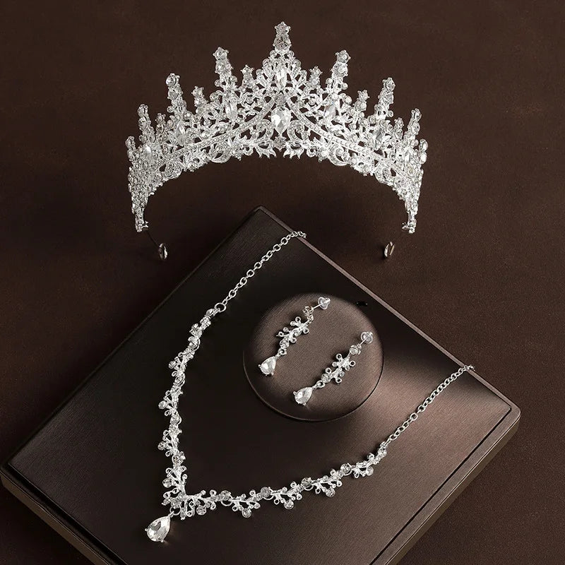 Bridal Wedding Jewelry 4-piece Set, Alloy Crystal Crown&Crystal Necklace&Earrings Women's Classic Wedding Tiaras Good Vibrations