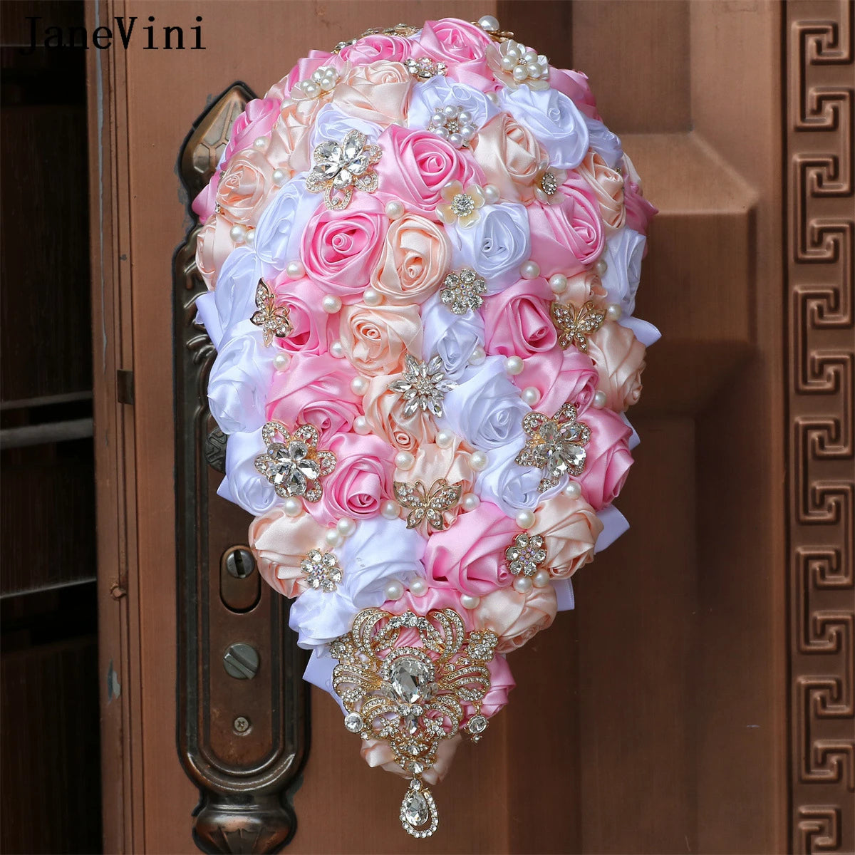 JaneVini Luxury Golden Rhinestones Pink Ivory Cascading Flowers Waterfall Bridal Bouquets Artificial Satin Roses Wedding Bouquet Good Vibrations