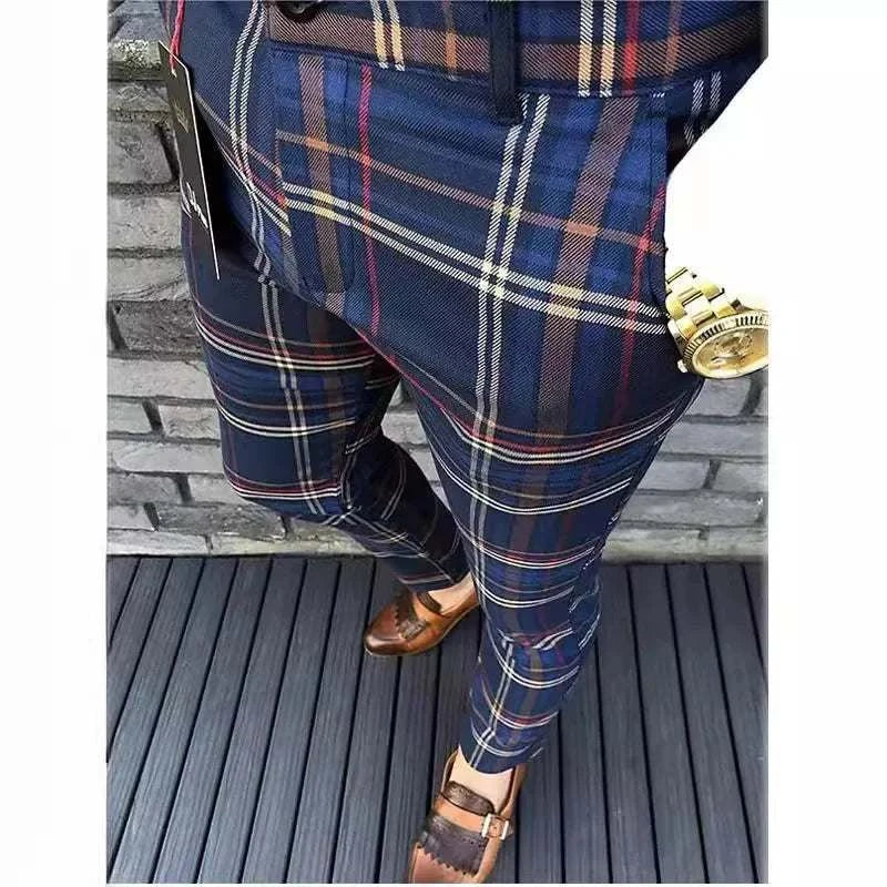 Suit Pant Men Long Pants Plaid Mid Waist Simple Slim Fit Zipper Splice Casual Regular Autumn Winter 2024 Straight Trousers Good Vibrations