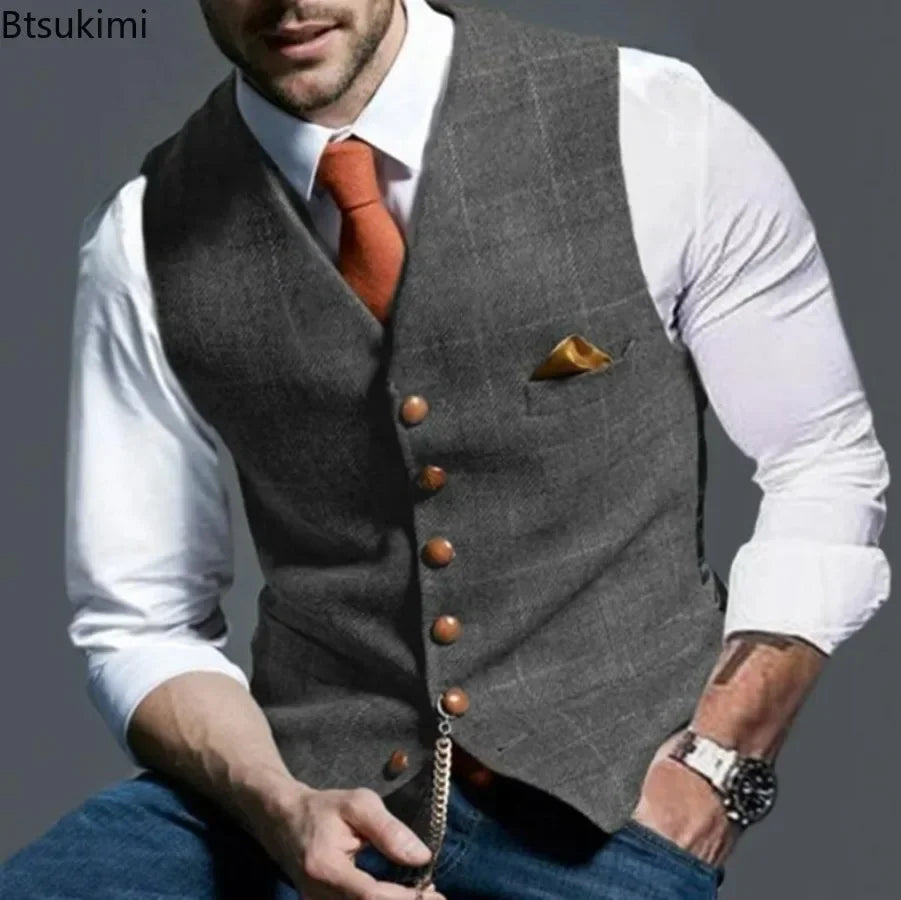 2025 Men's Formal Vests Lapel Tweed Plaid V-neck Waistcoat Slim Vest Business Formal Dress Suit Casual Wedding Tuxedo Male Vest Good Vibrations