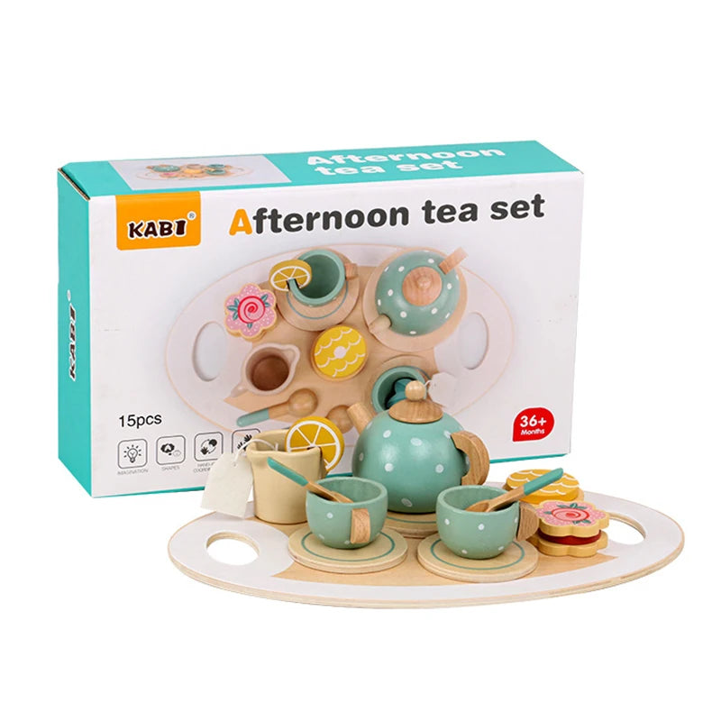 Wooden Afternoon Tea Set Toy Kitchen Accessories Tea Party Food Play Early Educational Toys for Toddlers Girls Boys Kids Gifts Good Vibrations