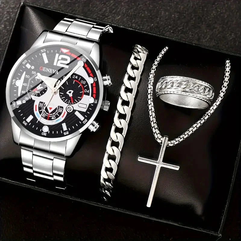 4pcs gold alloy Roman with calendar men's quartz watch and cross necklace bracelet ring set selected gift Good Vibrations