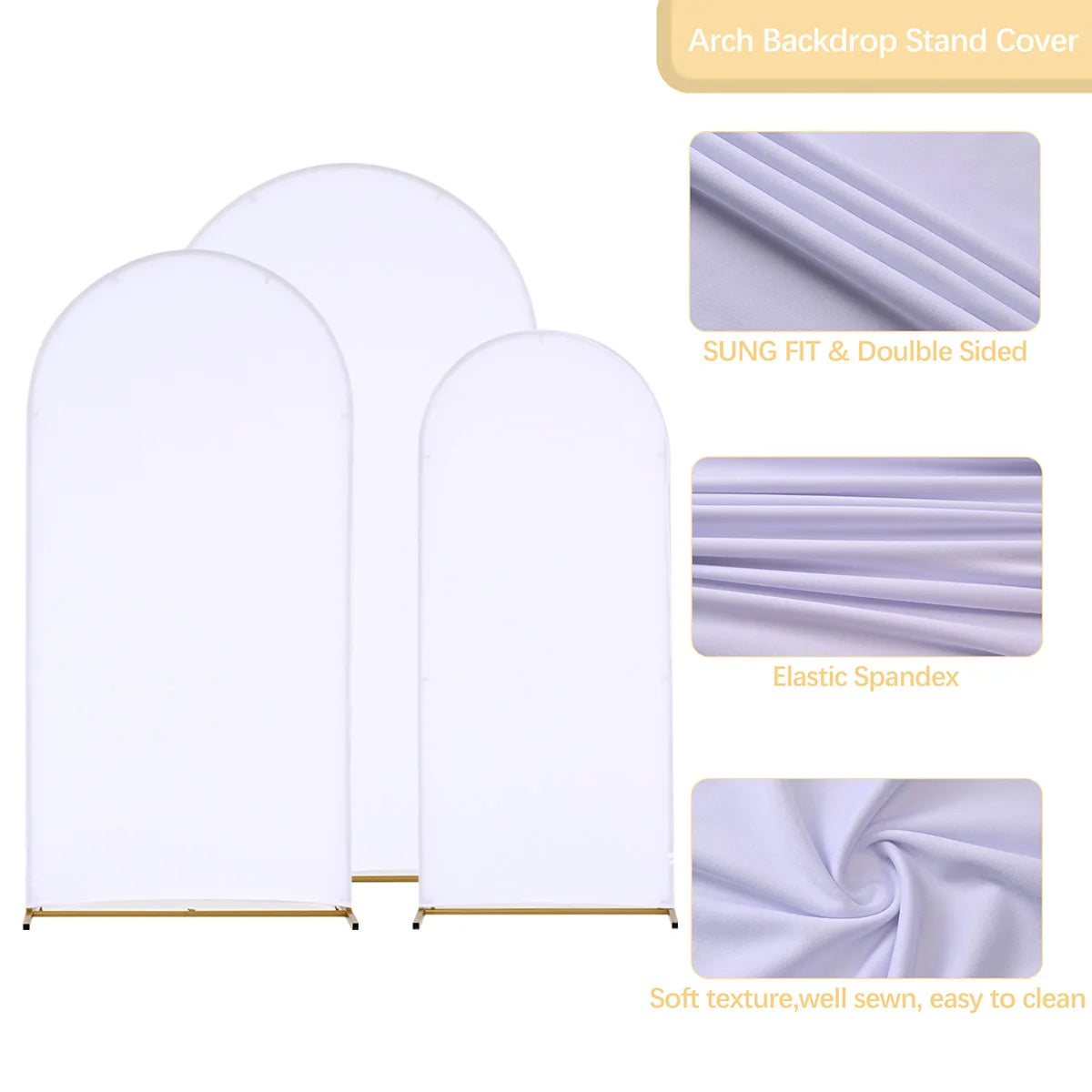 Wedding Arch Backdrop Stand and Cover Set (7.2FT, 6.6FT, 5.9FT) 3 Gold Metal Arch Stands 3 White Spandex Arch Covers for Party Good Vibrations