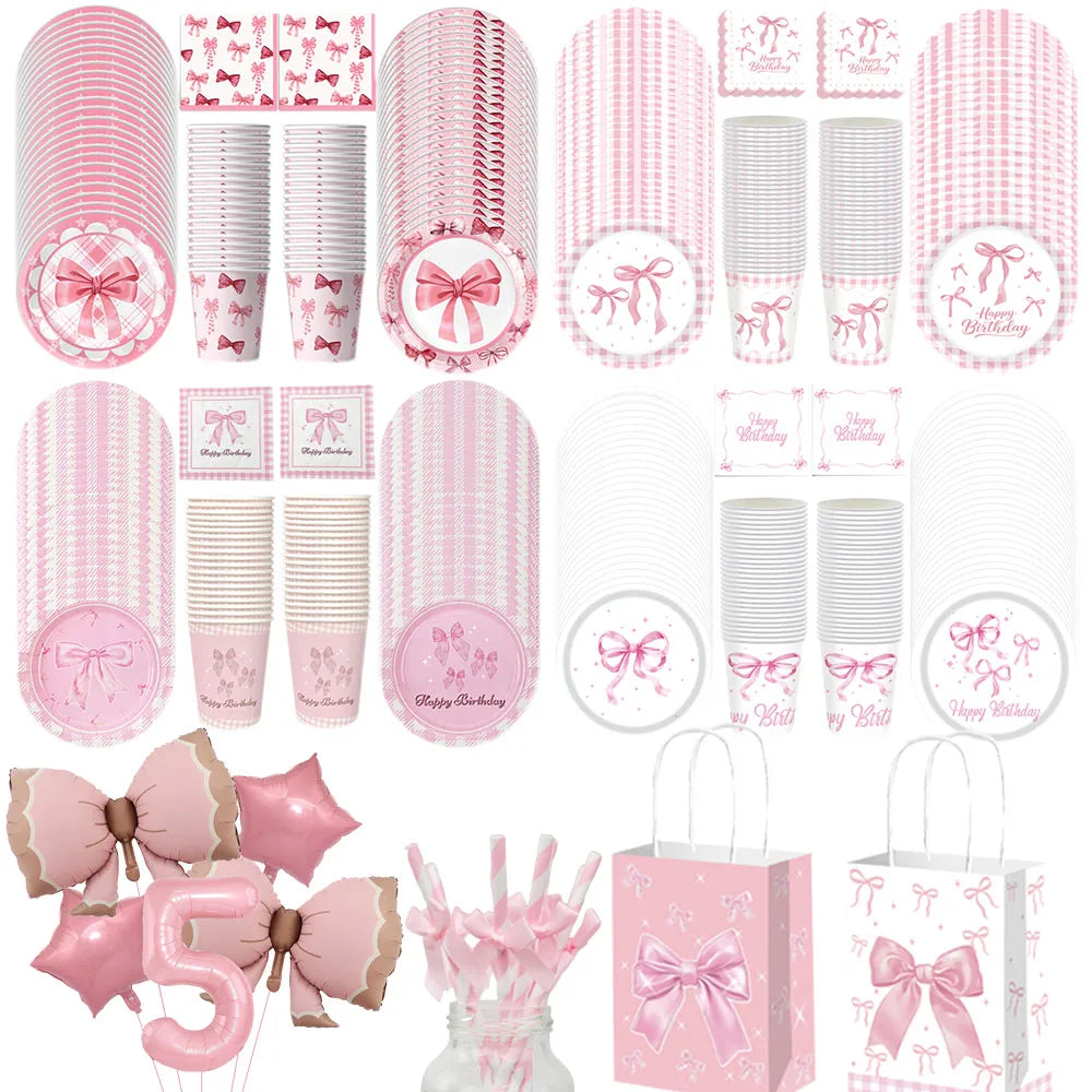 Pink Bow Birthday Party Supplies Disposable Bow Themed Tableware Set Engagement Wedding Girls Birthday Bachelorette Party Decor