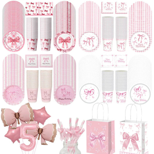 Pink Bow Birthday Party Supplies Disposable Bow Themed Tableware Set Engagement Wedding Girls Birthday Bachelorette Party Decor Good Vibrations
