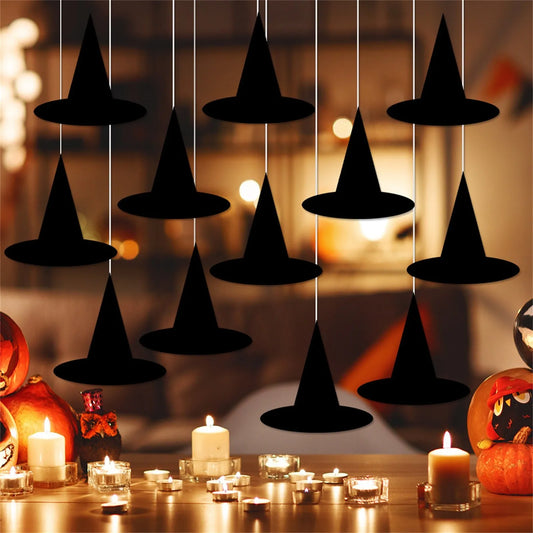 12 Pices Halloween Hangs Decor Holiday Theme Party Black Hanging Witch Hat Props Indoor Outdoor Floating Dress-up Accessories Good Vibrations