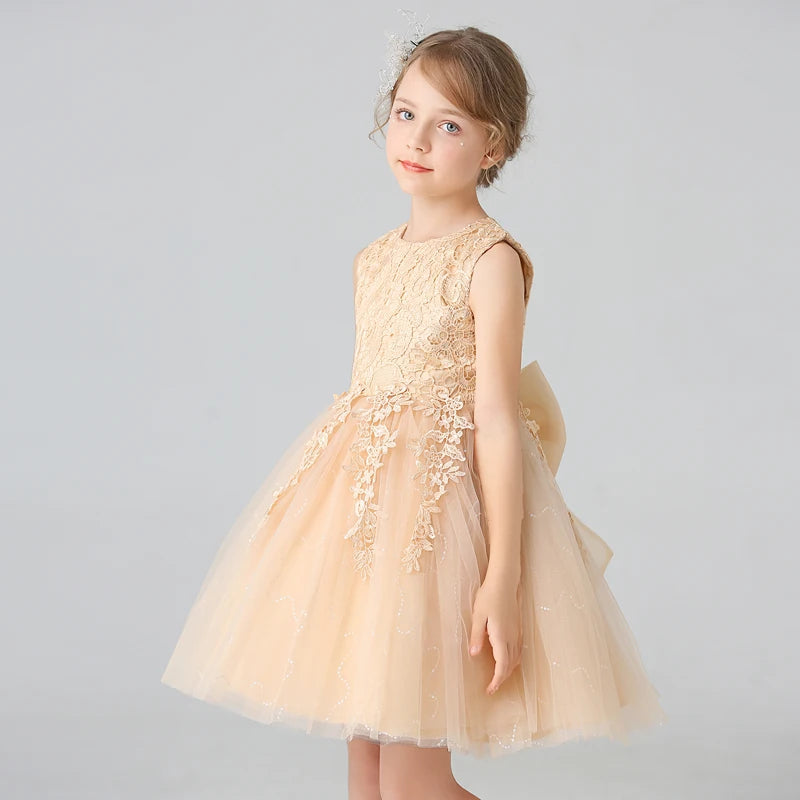 BX8991 White Lace Flower Girl Dress Bows Children's First Communion Dress Girls Sleeveless Princess Dresses Good Vibrations