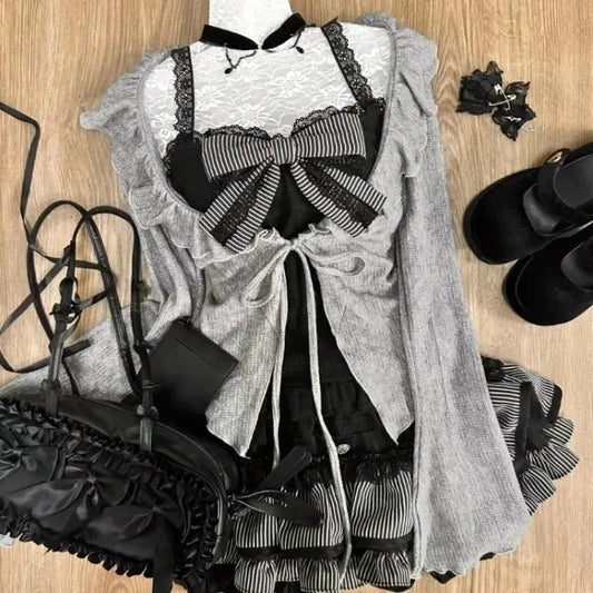 Ruffles Cardigan+ Sexy Slim Fit Vest Tops Early Autumn Set GOOD Vibrations