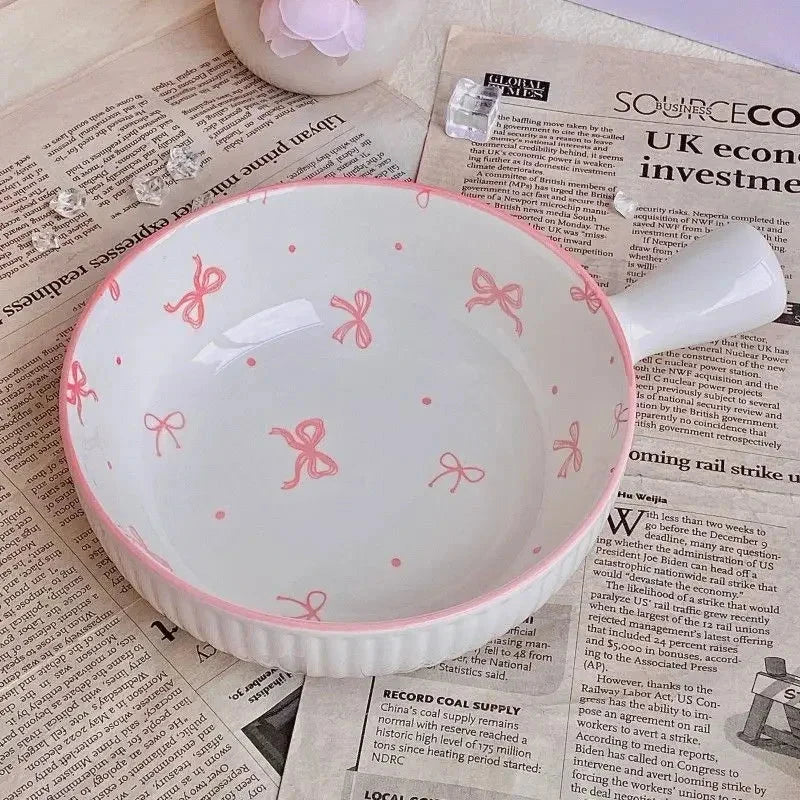 Pink Bow Ceramic Cutlery Set, Dessert Home Tableware Ceramic Handle Bowl Yogurt Cup High Value Breakfast Plate Drinkware Good Vibrations