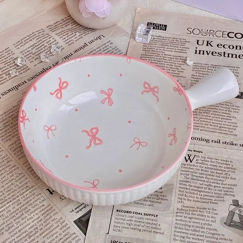 Pink Bow Ceramic Cutlery Set, Dessert Home Tableware Ceramic Handle Bowl Yogurt Cup High Value Breakfast Plate Drinkware Good Vibrations