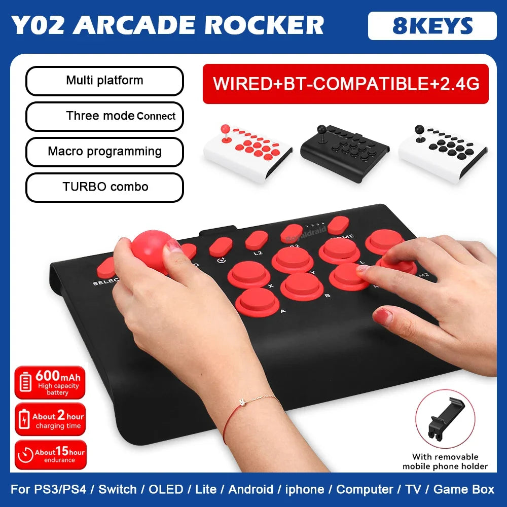 Y02 Arcade Joystick for PS4/PS3/Xbox One/Switch OLED/Android/iOS Wired Wireless Street Fighter Controller w Macro/Turbo Function Good Vibrations